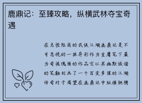 鹿鼎记:至臻攻略,纵横武林夺宝奇遇